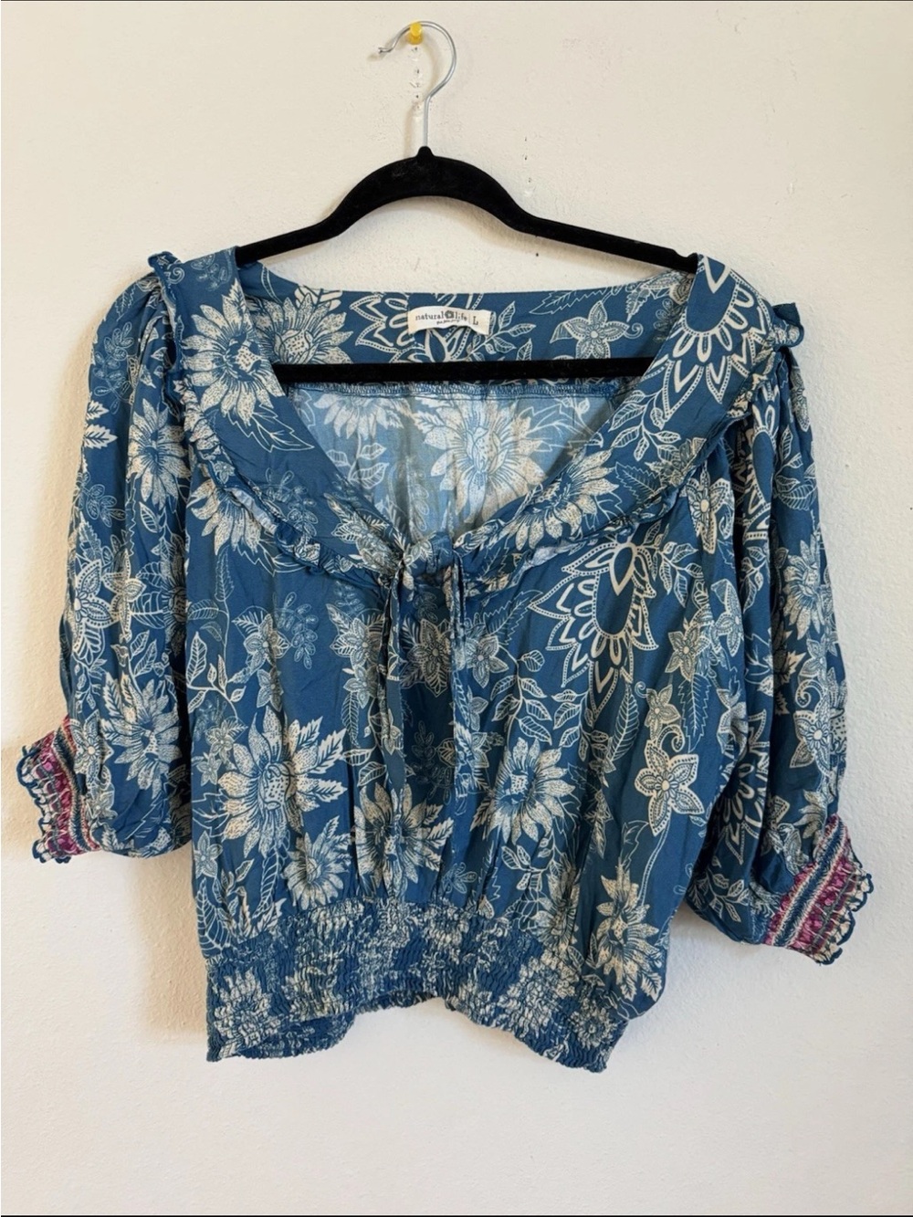 Natural Life Blue Tropical Floral Embroidered Boho Puff Sleeve Top Size L